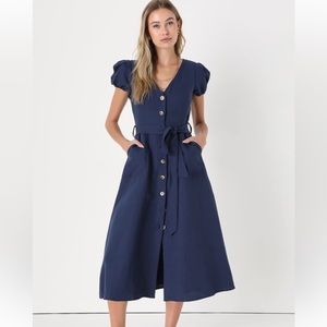 Lulus Navy Linen Button Dress